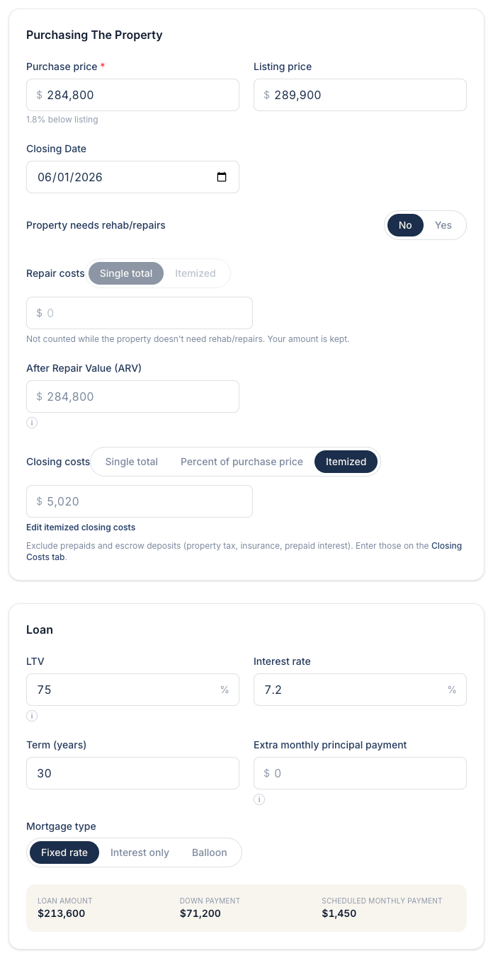 Enter the purchase, loan, income and expenses.